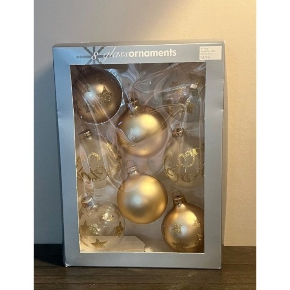 Vintage Target Glass Ornaments Boxed Set of 8 Champagne Gold Christmas Ornaments